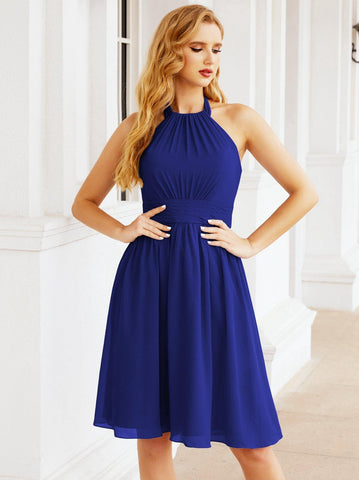 Numbersea Halter Chiffon Vestidos de dama de honor Cortos Sin mangas Vestido de fiesta formal Espalda abierta 28023 
