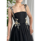 Tulle A-line Spaghetti Straps Floral Appliqued Party Prom Evening Dress