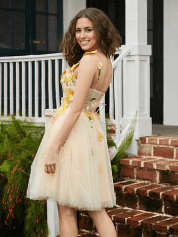Homecoming Dresses Floral Square Lace-Up A-Line Tulle Mini Dress