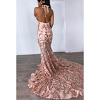 Vestido de noche largo de sirena de satén con escote en V, halter, sin espalda y lentejuelas