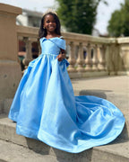 Vestido de fiesta de cumpleaños de satén azul encantado para niñas 