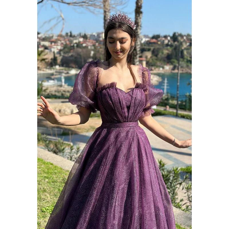 Glamouröses und dramatisches A-Linien-Kleid mit kurzen Ärmeln, schulterfrei, funkelndem Tüll, für formelle Partys und Abschlussbälle