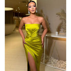 Sheath Strapless Satin Pleated Side Slit Long Prom Dress