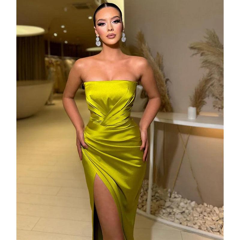 Sheath Strapless Satin Pleated Side Slit Long Prom Dress