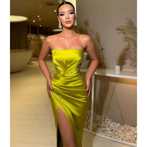 Sheath Strapless Satin Pleated Side Slit Long Prom Dress