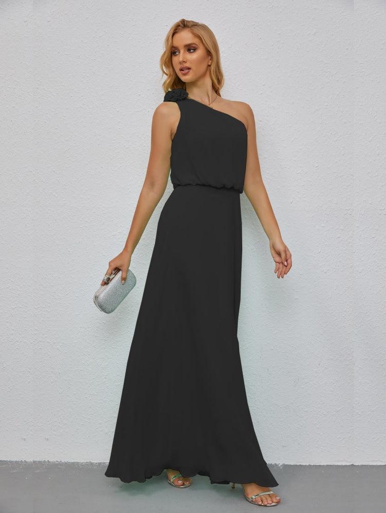 Ruffled One Shoulder Sleeveless Long Bridesmaid Dresses A-line Formal Evening Gown Side Split 28080-numbersea