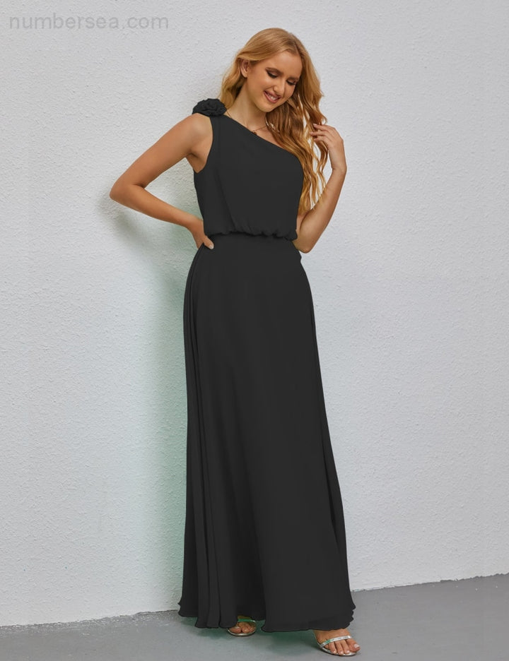 Chiffon Ruffled One Shoulder Sleeveless Long Bridesmaid Dresses A-line Formal Evening Gown Side Split 28080