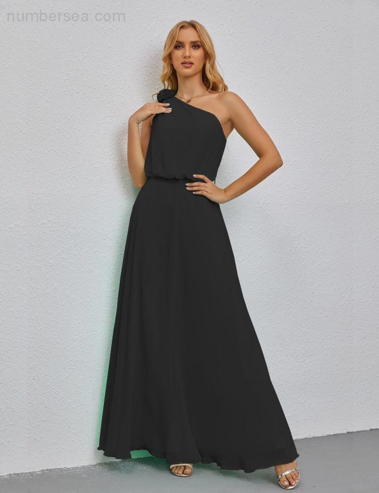 Ruffled One Shoulder Sleeveless Long Bridesmaid Dresses A-line Formal Evening Gown Side Split 28080-numbersea