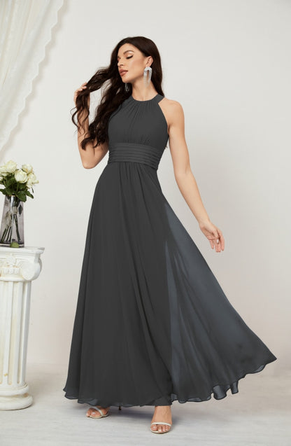 Numbersea Formal Party Gown Dress Chiffon Halter Long Sleeveless Bridesmaid Dresses 2802 Crow Cyan