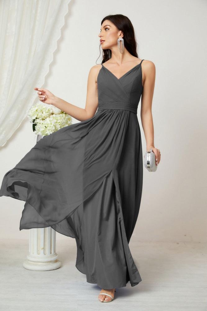 Numbersea Chiffon V-Neck Bridesmaid Dress Spaghetti Strap Long Formal Party Prom Gowns with Slit 28010-numbersea