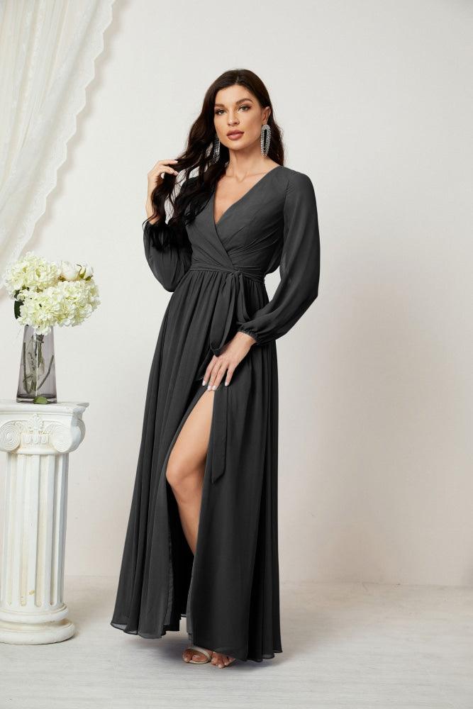 Numbersea Evening Dresses Deep V-Neck Chiffon Bridesmaid Dresses Long Bishop Sleeve Side Split Formal Dress 2806-numbersea