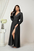 Numbersea Evening Dresses Deep V-Neck Chiffon Bridesmaid Dresses Long Bishop Sleeve Side Split Formal Dress 2806-numbersea