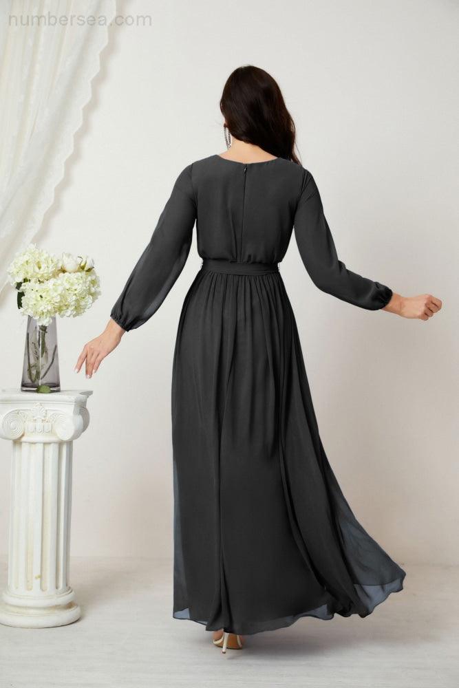 Numbersea Evening Dresses Deep V-Neck Chiffon Bridesmaid Dresses Long Bishop Sleeve Side Split Formal Dress 2806-numbersea