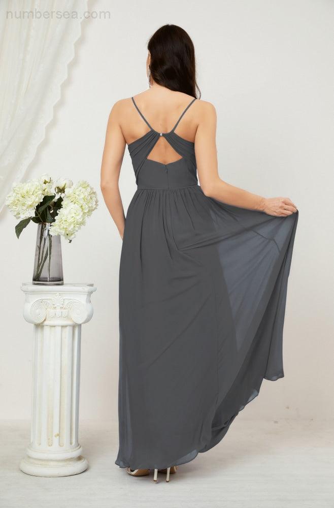 Numbersea Neck Bridesmaid Dresses Chiffon Long Spaghetti A-line Formal Prom Gown for Wedding Party Evening 2801-numbersea