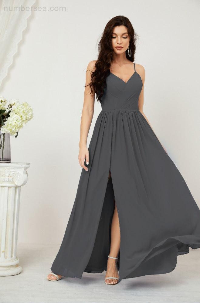 Numbersea Neck Bridesmaid Dresses Chiffon Long Spaghetti A-line Formal Prom Gown for Wedding Party Evening 2801-numbersea