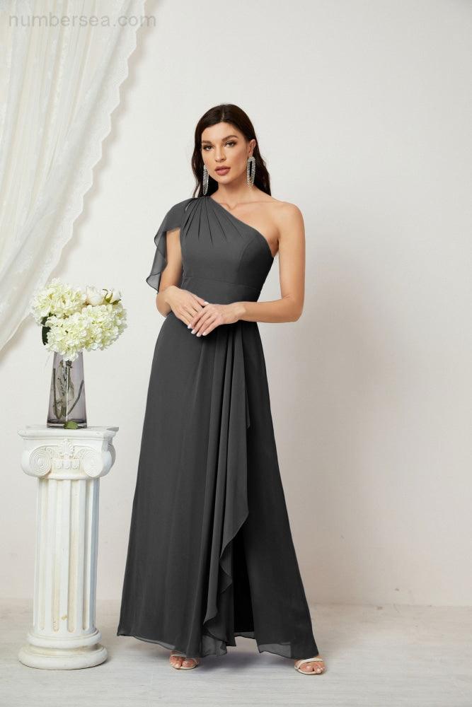 Numbersea Chiffon Ruffled One Shoulder Long Bridesmaid Dresses A-line Formal Evening Gown Side Split 2809-numbersea