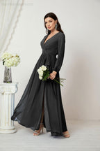 Numbersea Evening Dresses Deep V-Neck Chiffon Bridesmaid Dresses Long Bishop Sleeve Side Split Formal Dress 2806-numbersea