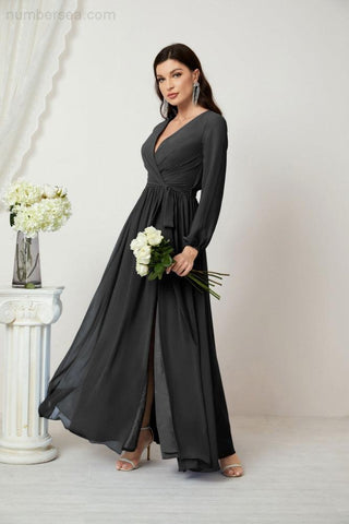 Numbersea Evening Dresses Deep V-Neck Chiffon Bridesmaid Dresses Long Bishop Sleeve Side Split Formal Dress 2806-numbersea
