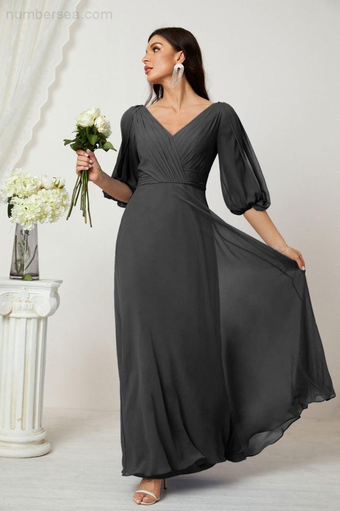 Numbersea Formal Prom Gown Women V-Neck Chiffon Bridesmaid Dresses Long Bishop Sleeve Party Dress 2807-numbersea