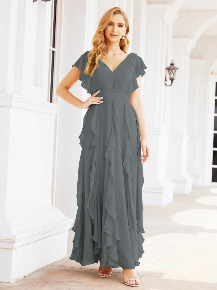 Ruffled Bridesmaid Dresses with Sleeves Long Formal Party Dress 28041-numbersea