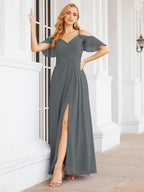 Numbersea Cold Shoulder Long Bridesmaid Dresses Side Slit Formal Prom Gowns Party Wedding 28070-numbersea