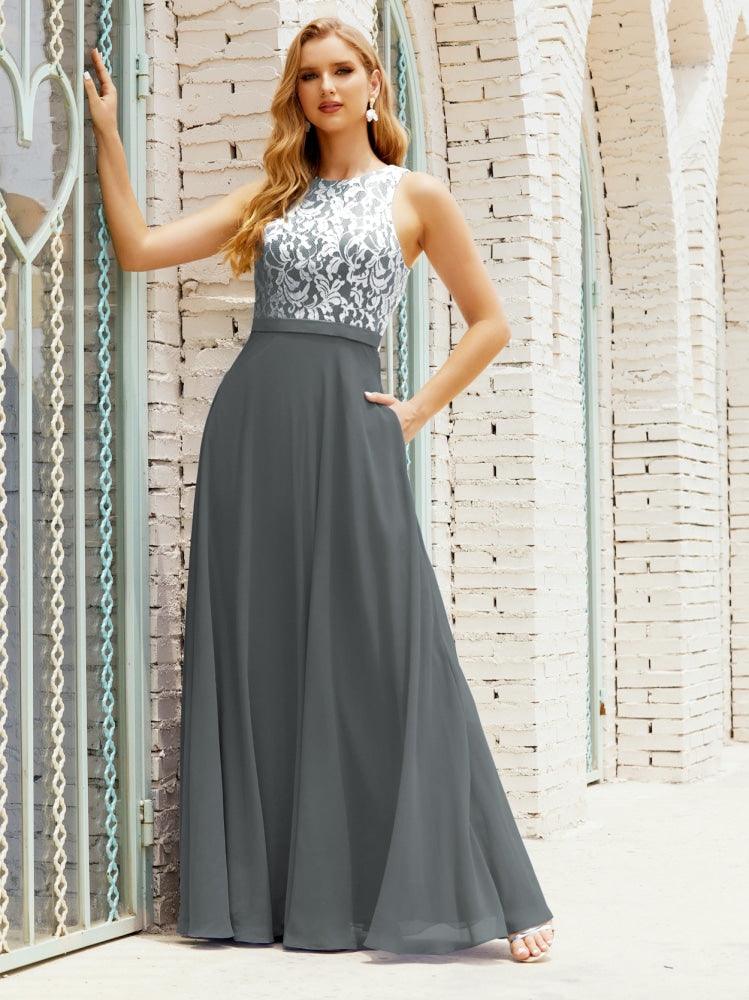 Lace Bridesmaid Dress Floor Length Evening Gowns with Pockets 28017-numbersea