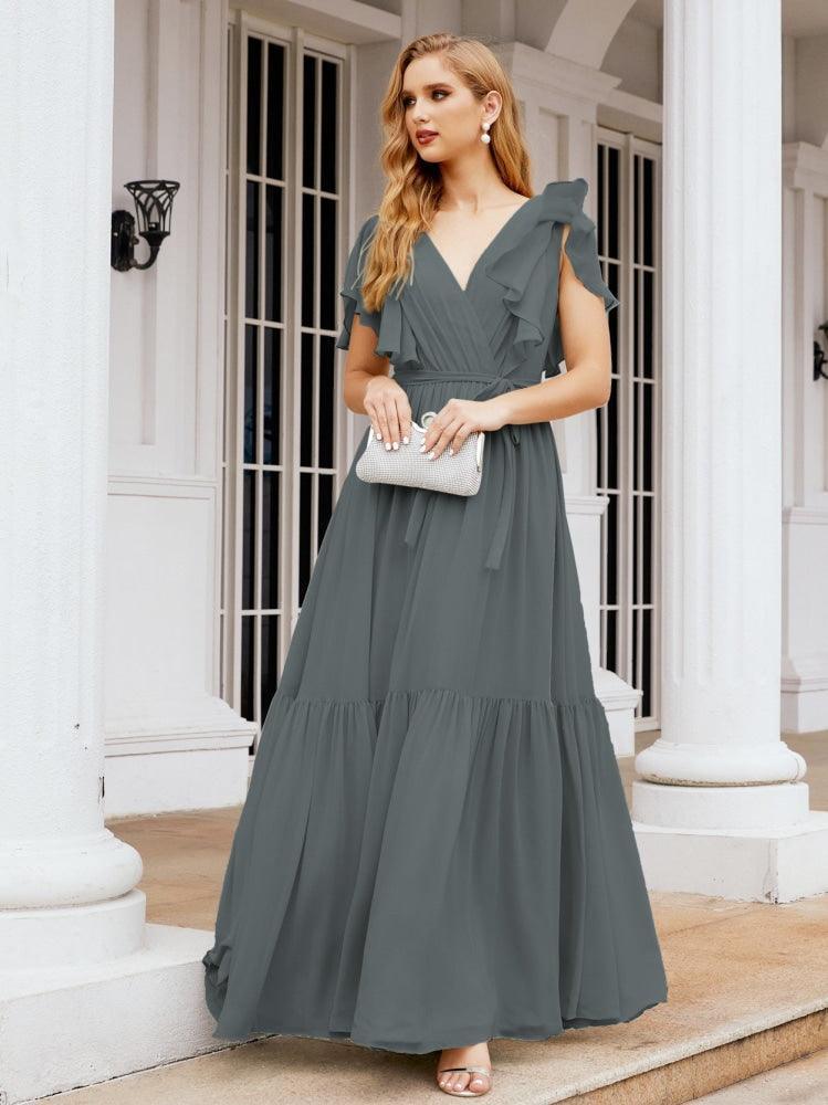 Numbersea Women's Open Back Formal Evening Party Prom Gowns V-Neck Long Chiffon Bridesmaid Dresses with Waist Belt 28038-numbersea