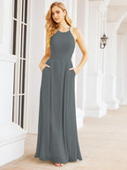Numbersea Halter Bridesmaid Dresses with Pockets Sleeveless Formal Evening Party Prom Gowns 28055-numbersea