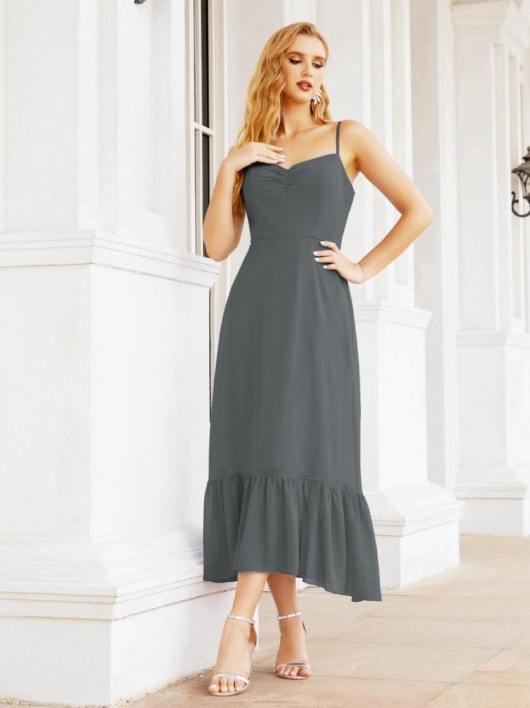 Numbersea Women Strap Chiffon Bridesmaid Dress Ankle Length Sleeveless Blackless Ruffle A Line