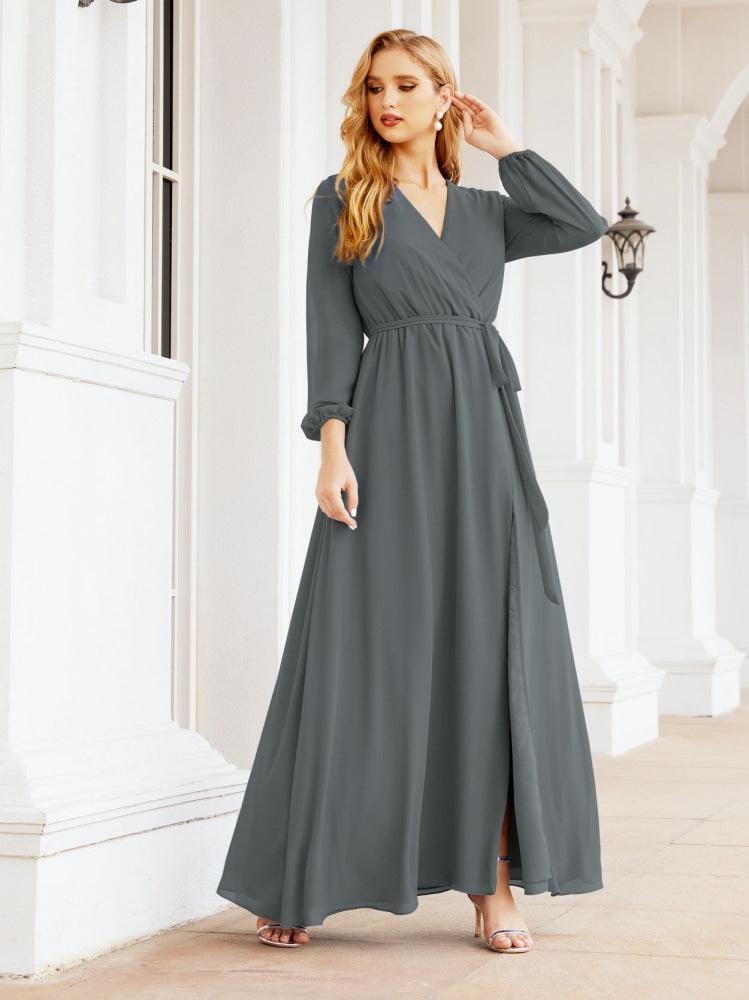 Numbersea Women's Chiffon Bridesmaid Dress A line Long Sleeves Formal Evening Prom Gown for Wedding Guest 28032-numbersea