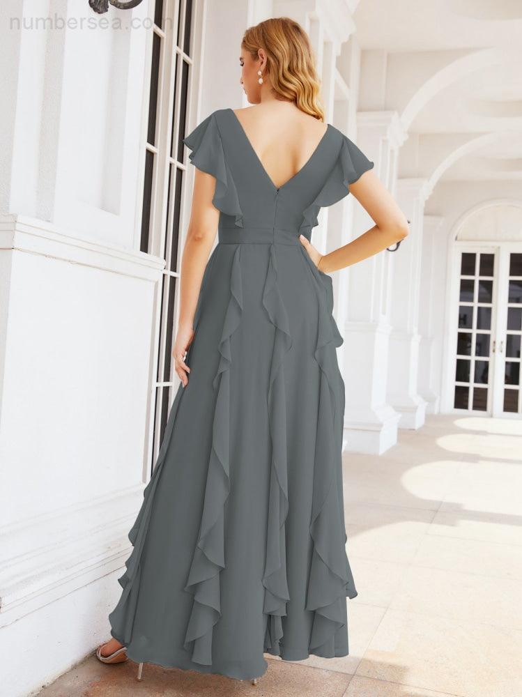 Ruffled Bridesmaid Dresses with Sleeves Long Formal Party Dress 28041-numbersea