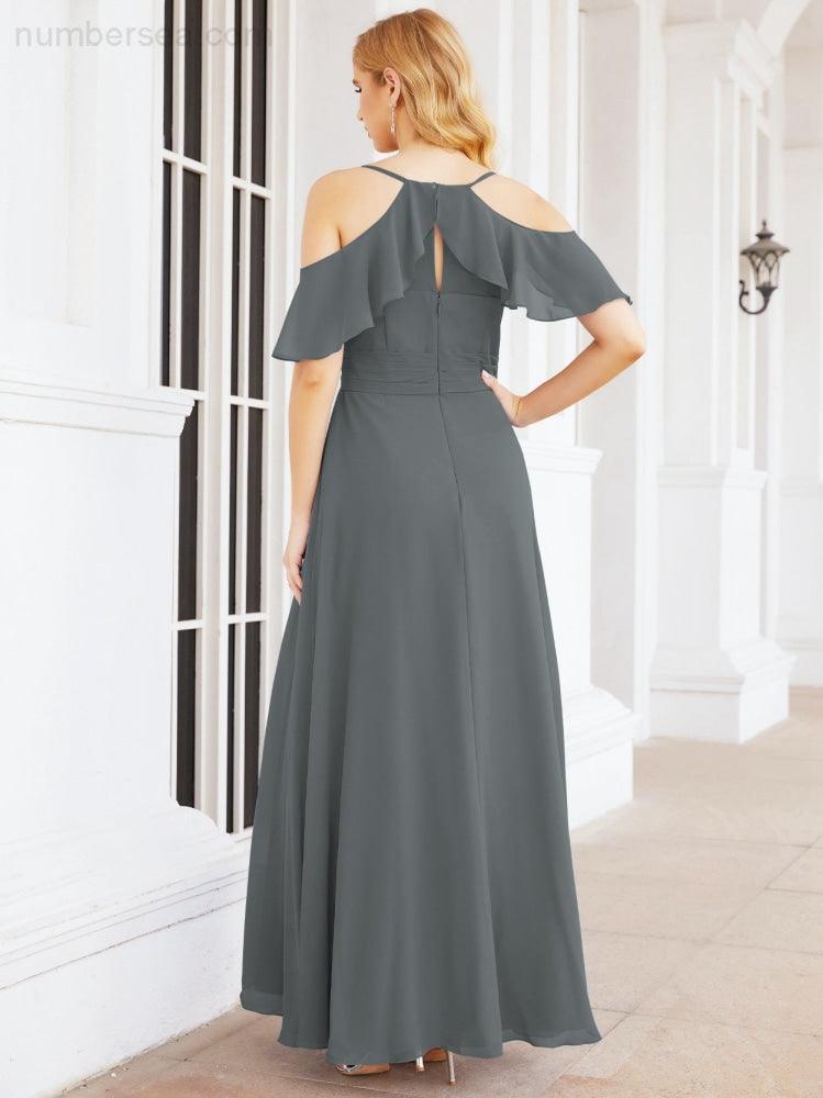 Numbersea Cold Shoulder Long Bridesmaid Dresses Side Slit Formal Prom Gowns Party Wedding 28070-numbersea