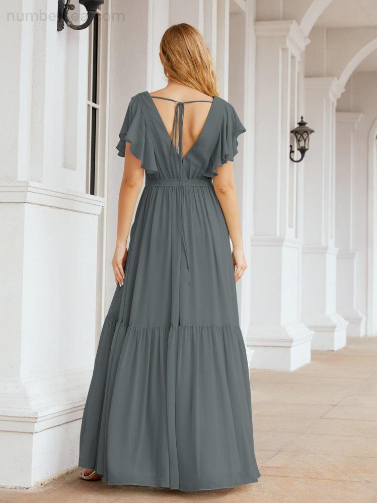 Numbersea Women's Open Back Formal Evening Party Prom Gowns V-Neck Long Chiffon Bridesmaid Dresses with Waist Belt 28038-numbersea