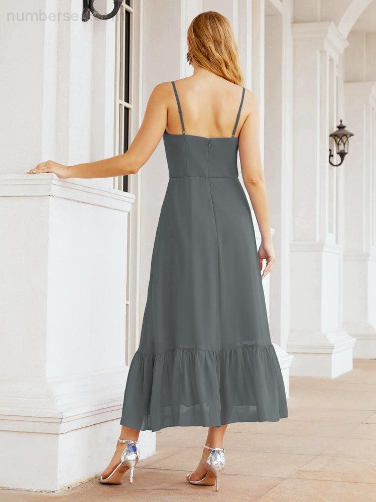 Numbersea Women Strap Chiffon Bridesmaid Dress Ankle Length Sleeveless Blackless Ruffle A Line