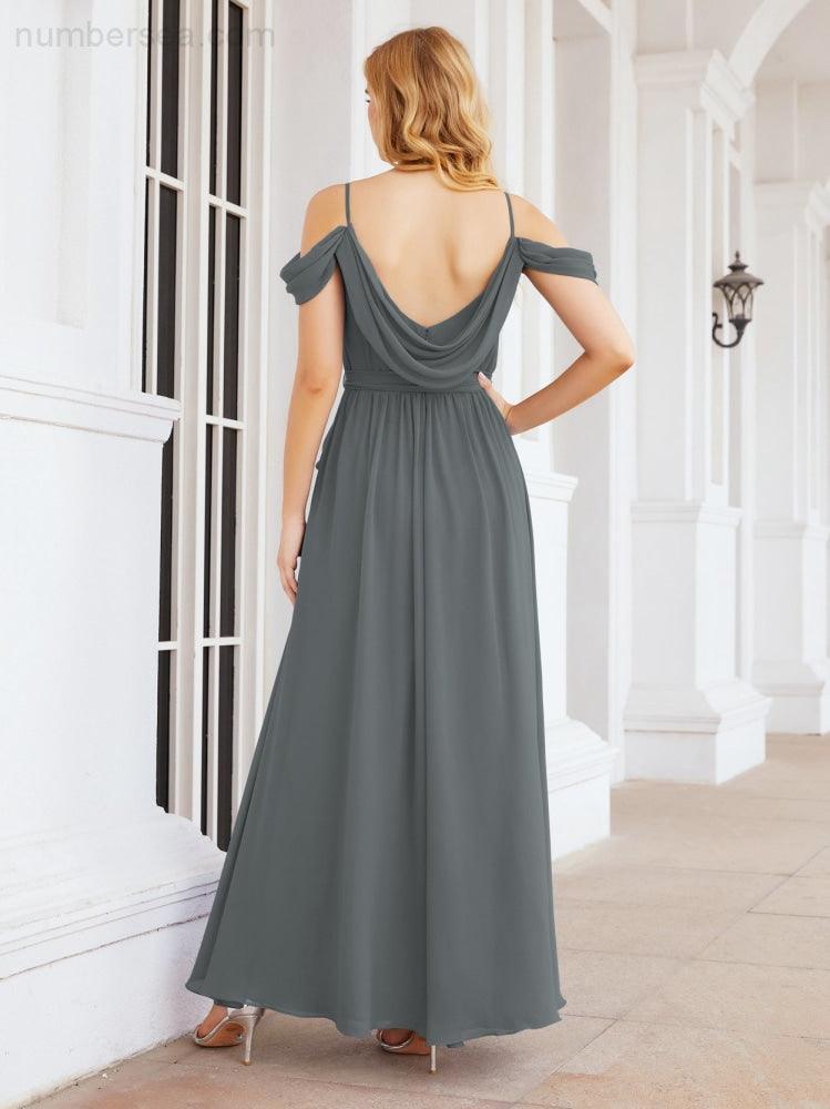 Numbersea Off The Shoulder Chiffon Bridesmaid Dress Long Formal Graduation Gown with Cowl Back 28069-numbersea
