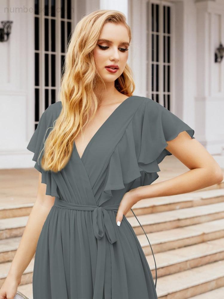 Numbersea Women's Open Back Formal Evening Party Prom Gowns V-Neck Long Chiffon Bridesmaid Dresses with Waist Belt 28038-numbersea