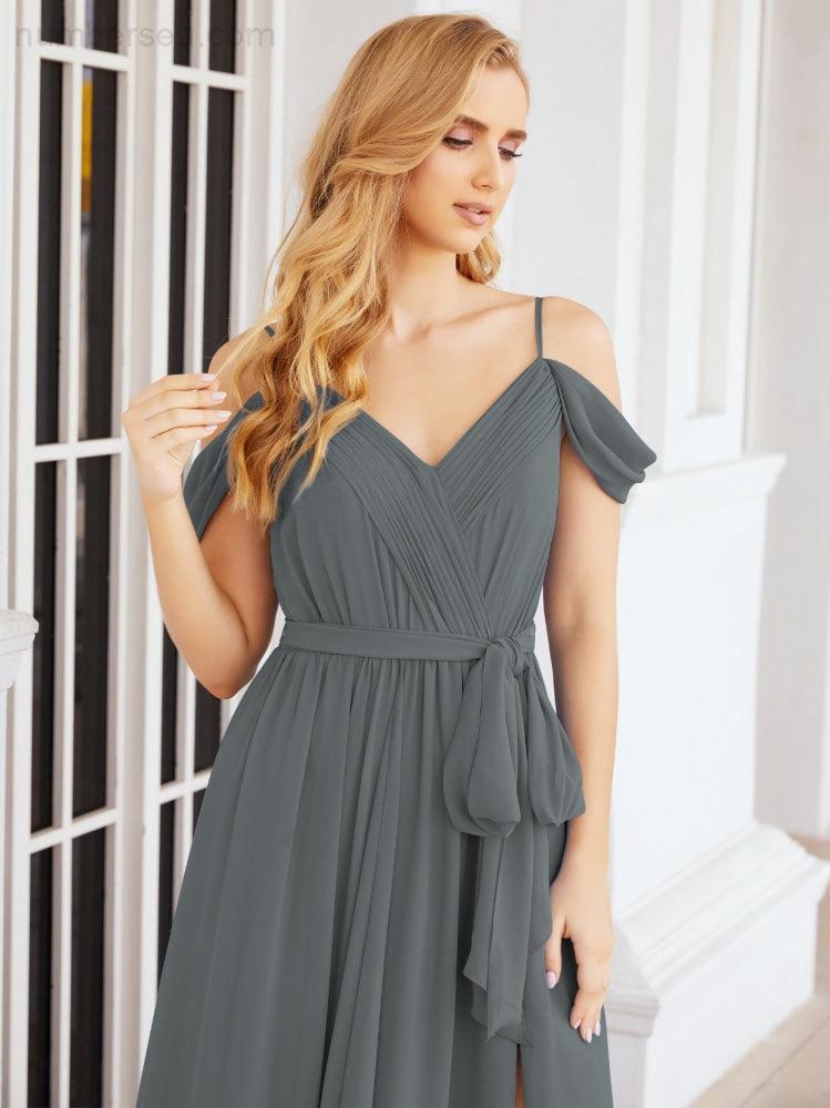 Numbersea Off The Shoulder Chiffon Bridesmaid Dress Long Formal Graduation Gown with Cowl Back 28069-numbersea