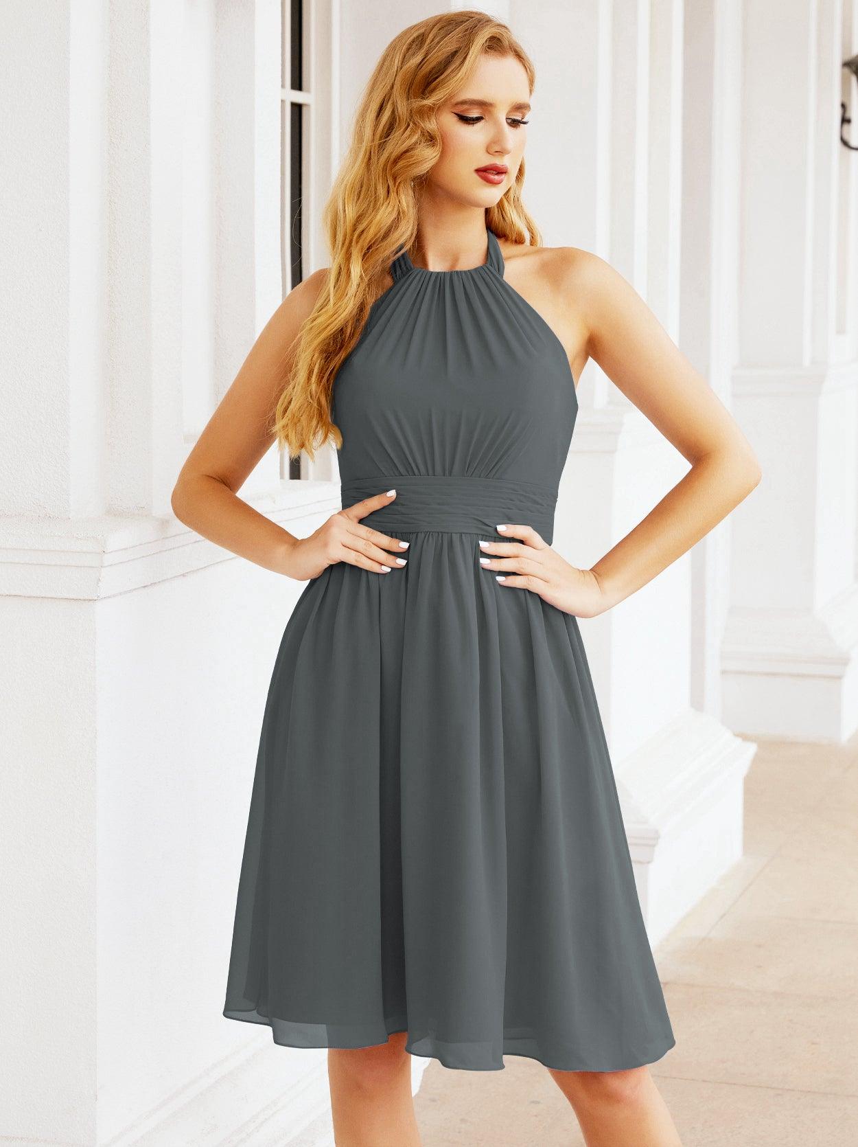 Numbersea Neckholder-Brautjungfernkleid aus Chiffon, kurz, ärmellos, formelles Partykleid, offener Rücken, 28023