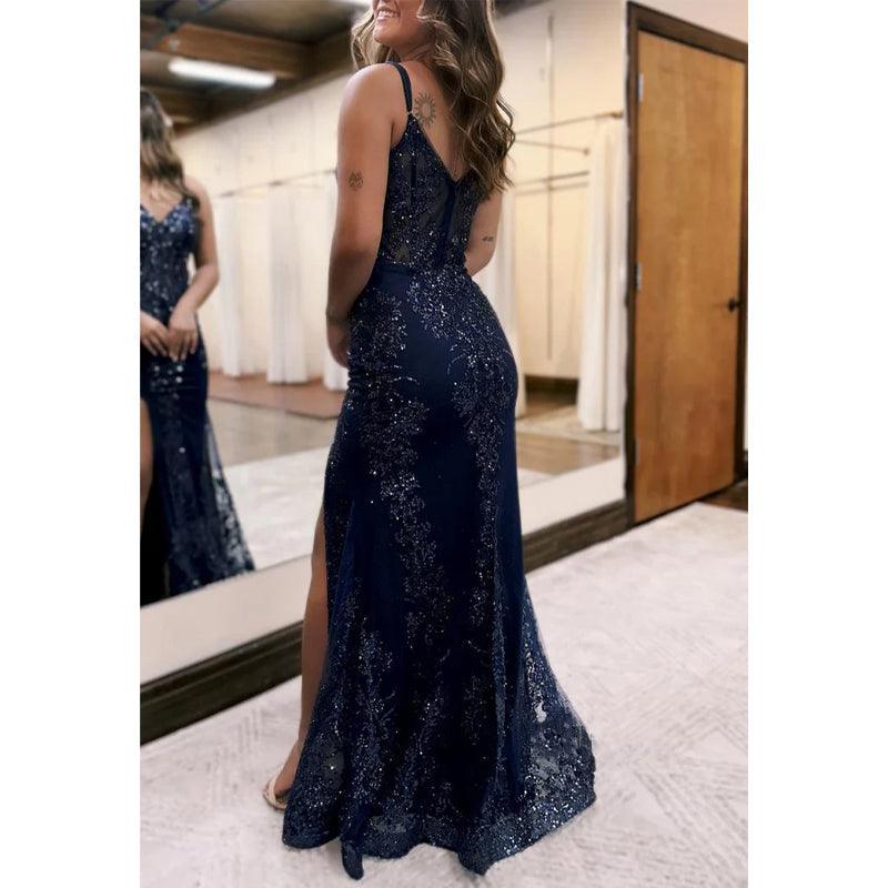 Vestido de noche para fiesta, graduación, con escote en V, tirantes finos, apliques de encaje y cola con abertura lateral 