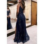 Vestido de noche para fiesta, graduación, con escote en V, tirantes finos, apliques de encaje y cola con abertura lateral 
