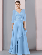 Zweiteiliges A-Linien-Kleid für die Mutter der Braut, formelle Hochzeitsgastparty, eleganter V-Ausschnitt, bodenlanges Chiffon-Spitzen-Wickelkleid mit halben Ärmeln, inklusive Perlen-Pailletten-Applikationen