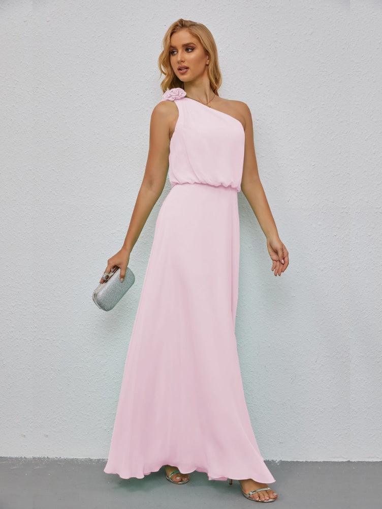 Ruffled One Shoulder Sleeveless Long Bridesmaid Dresses A-line Formal Evening Gown Side Split 28080-numbersea