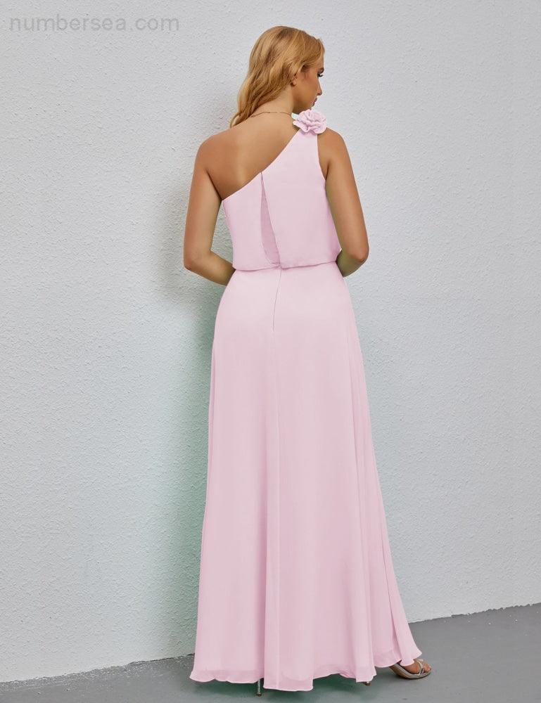 Ruffled One Shoulder Sleeveless Long Bridesmaid Dresses A-line Formal Evening Gown Side Split 28080-numbersea