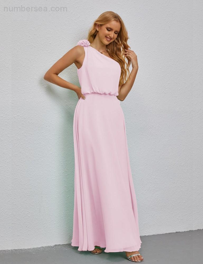 Ruffled One Shoulder Sleeveless Long Bridesmaid Dresses A-line Formal Evening Gown Side Split 28080-numbersea