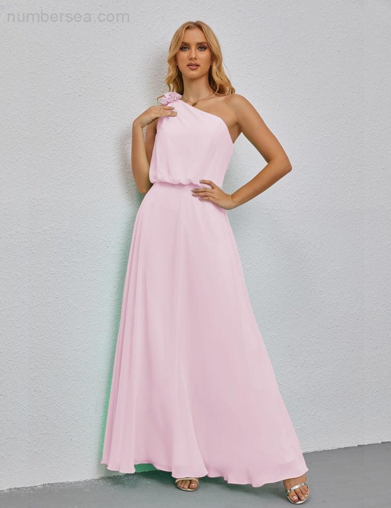 Ruffled One Shoulder Sleeveless Long Bridesmaid Dresses A-line Formal Evening Gown Side Split 28080-numbersea