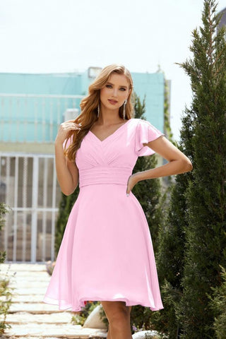 Neck Chiffon Bridesmaid Dresses Formal Cocktail Prom Gown Homecoming 28013 Candy Pink