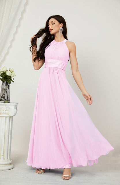 Numbersea Formal Party Gown Dress Chiffon Halter Long Sleeveless Bridesmaid Dresses 2802 Candy Pink