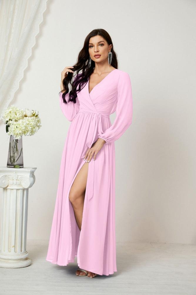 Numbersea Evening Dresses Deep V-Neck Chiffon Bridesmaid Dresses Long Bishop Sleeve Side Split Formal Dress 2806-numbersea