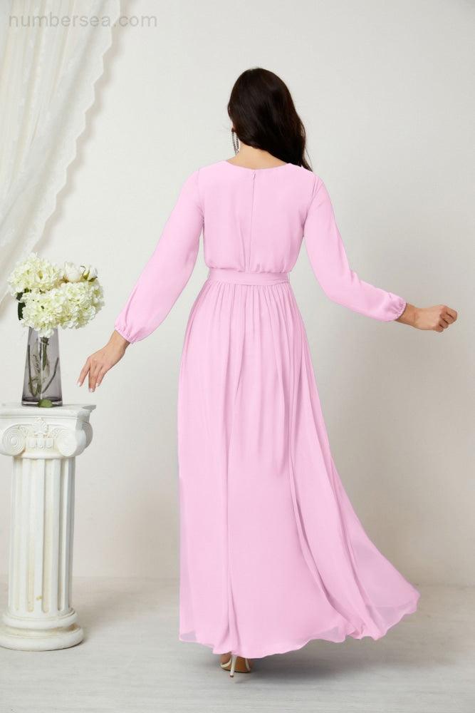 Numbersea Evening Dresses Deep V-Neck Chiffon Bridesmaid Dresses Long Bishop Sleeve Side Split Formal Dress 2806-numbersea