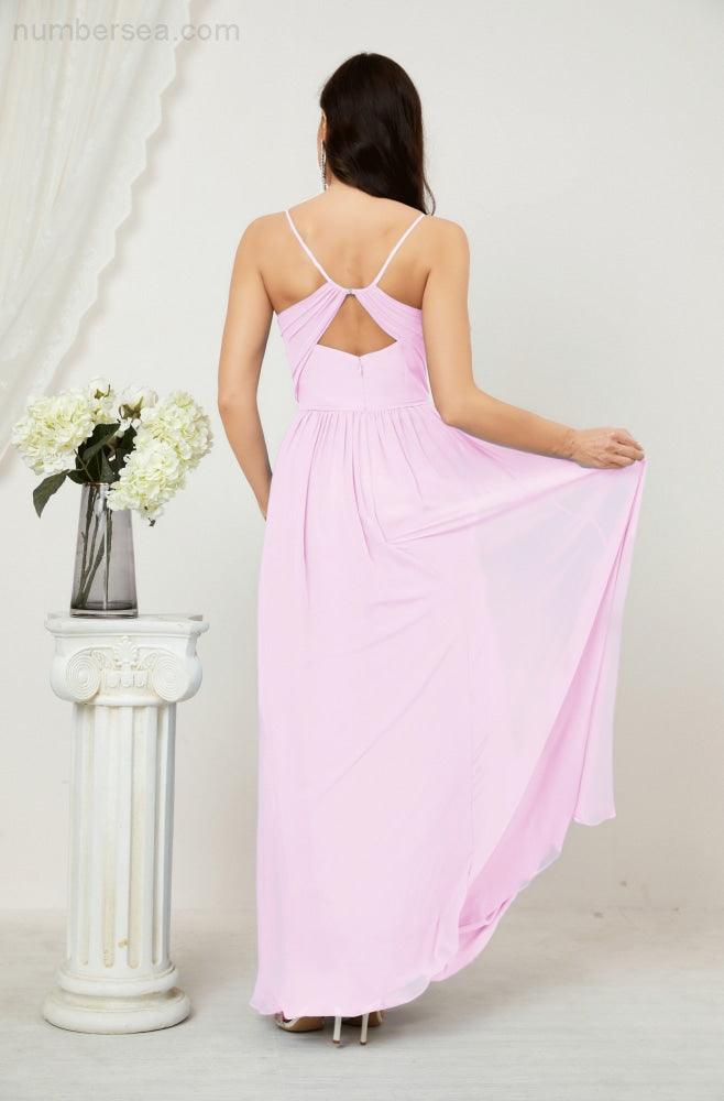 Numbersea Neck Bridesmaid Dresses Chiffon Long Spaghetti A-line Formal Prom Gown for Wedding Party Evening 2801-numbersea